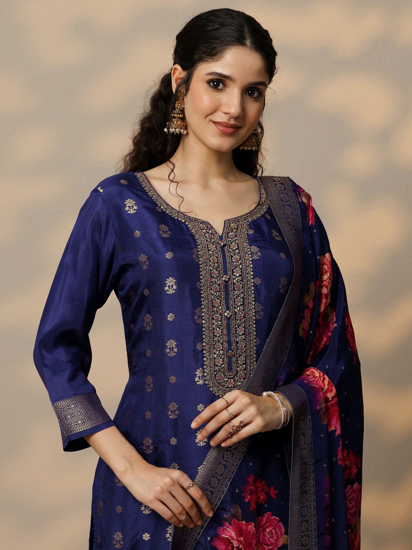 Purple Woven Design Silk Blend Straight Suit Set With Dupatta
