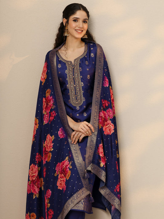 Purple Woven Design Silk Blend Straight Suit Set With Dupatta