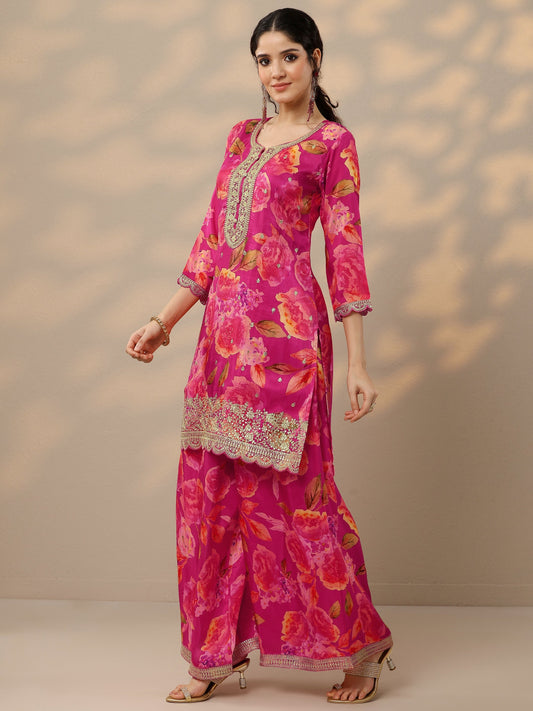 Magenta Printed Silk Blend Straight Suit Set With Dupatta