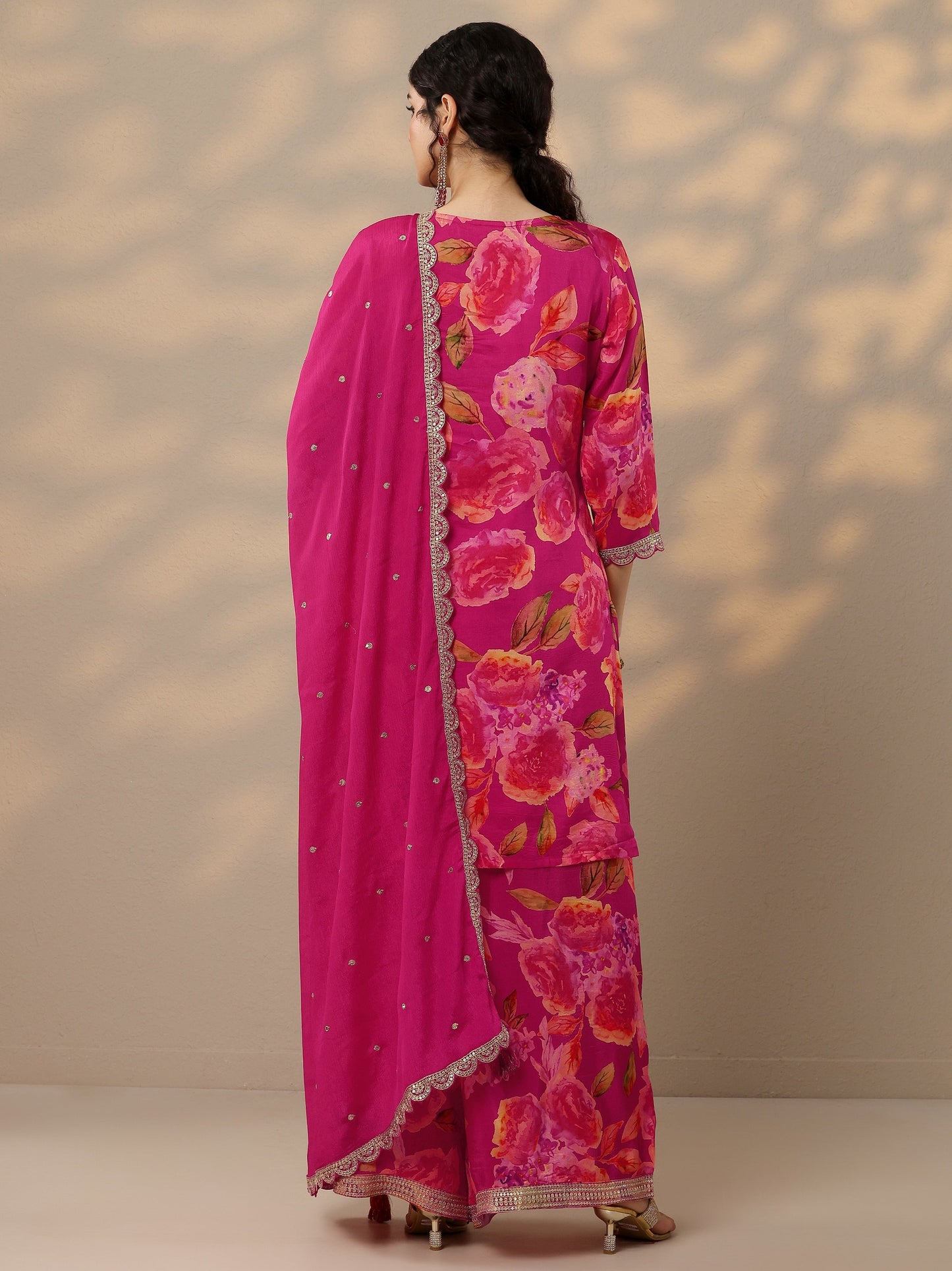 Magenta Printed Silk Blend Straight Suit Set With Dupatta