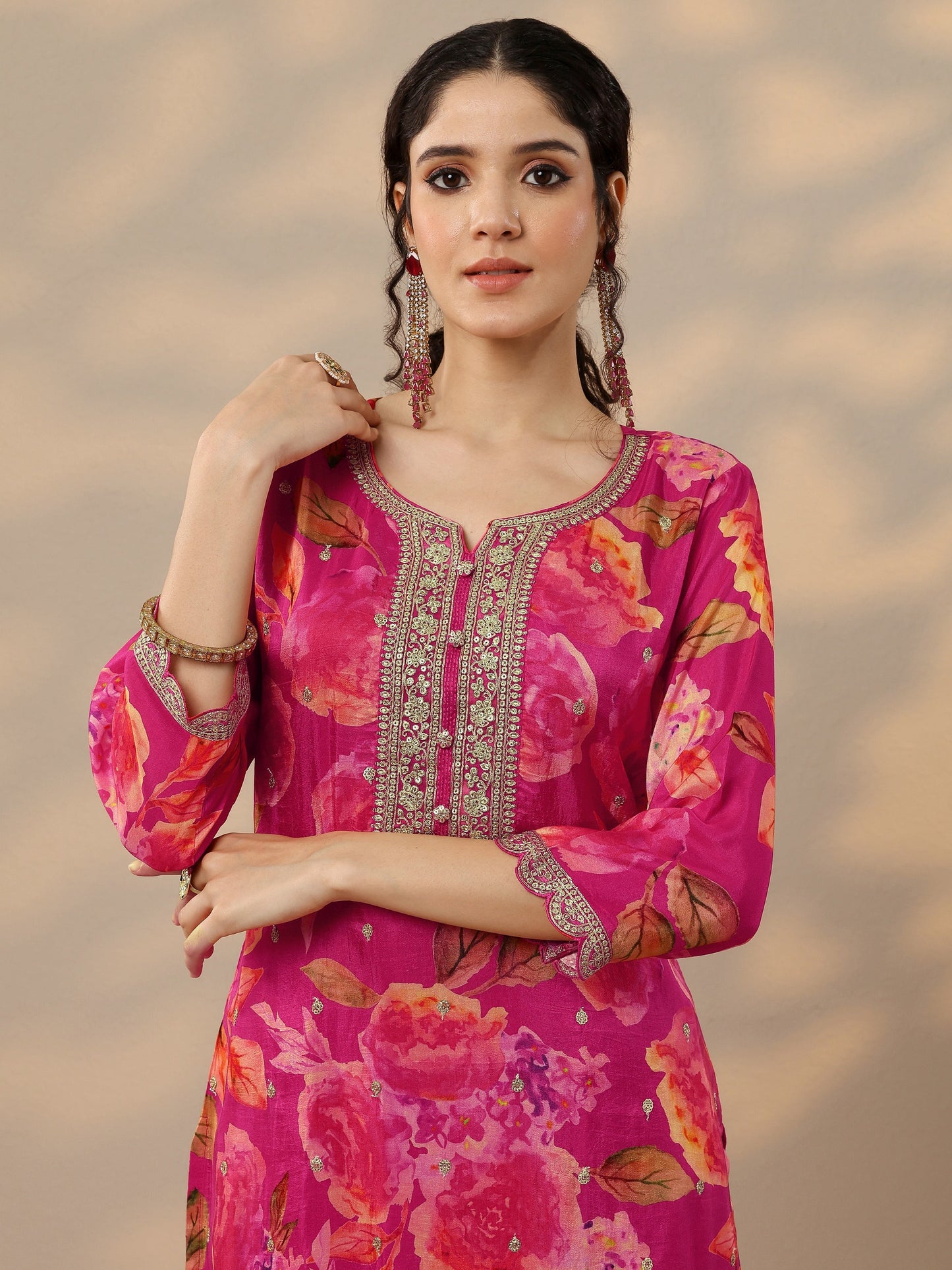 Magenta Printed Silk Blend Straight Suit Set With Dupatta