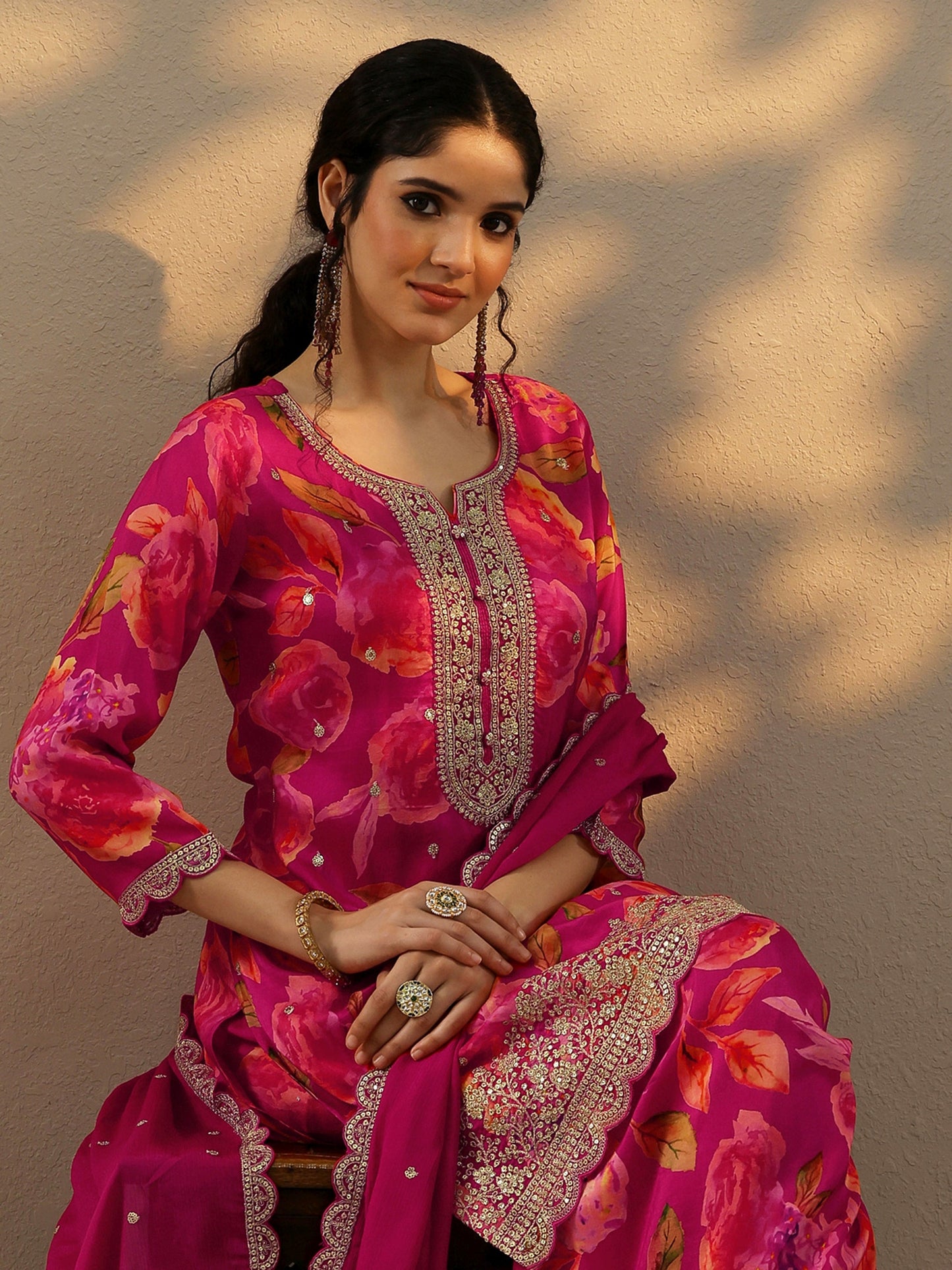 Magenta Printed Silk Blend Straight Suit Set With Dupatta