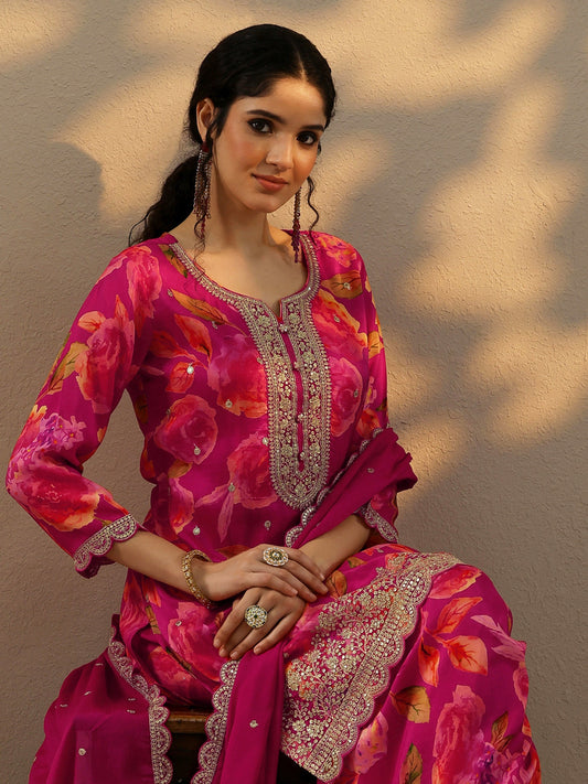 Magenta Printed Silk Blend Straight Suit Set With Dupatta