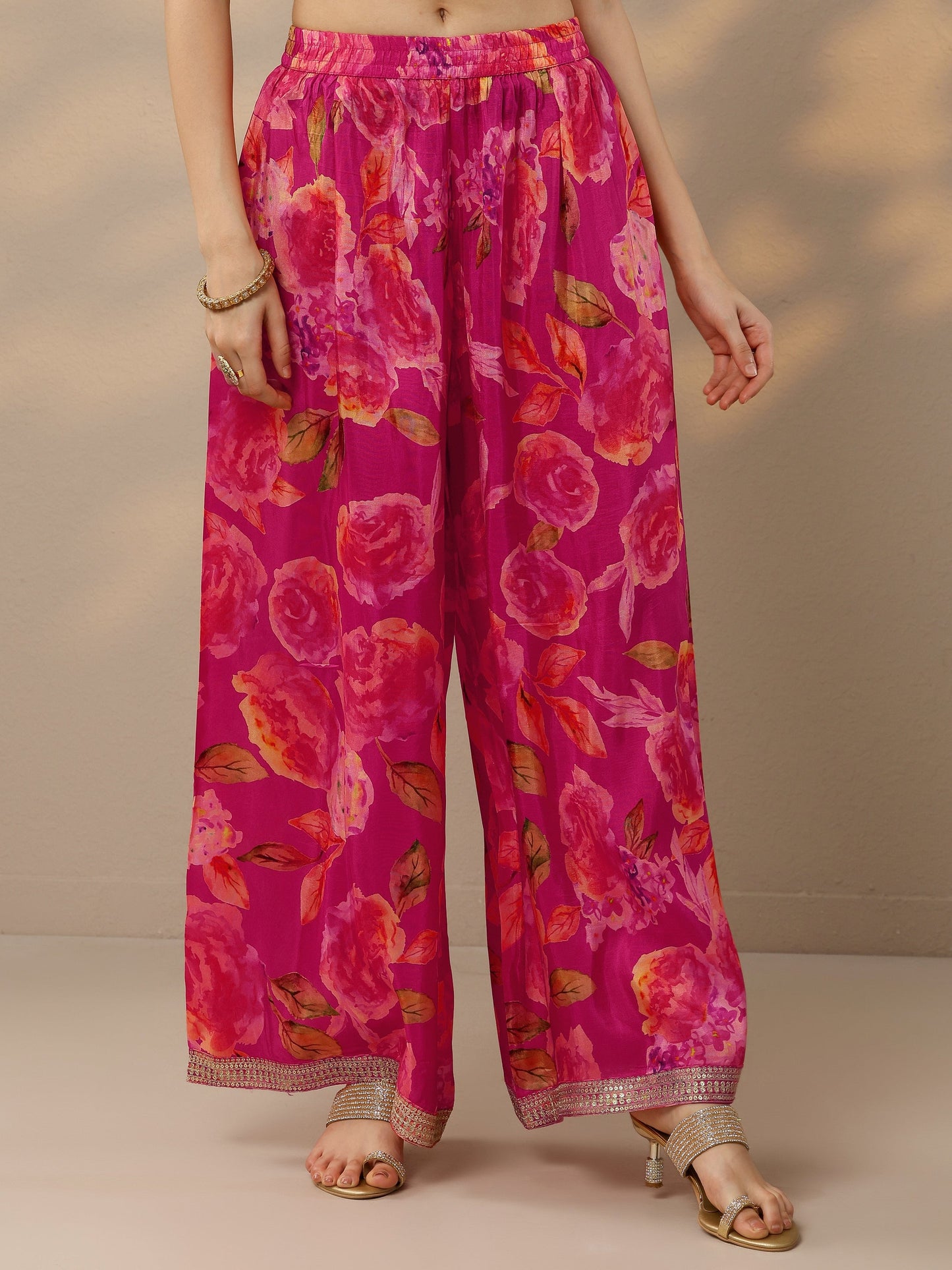 Magenta Printed Silk Blend Straight Suit Set With Dupatta