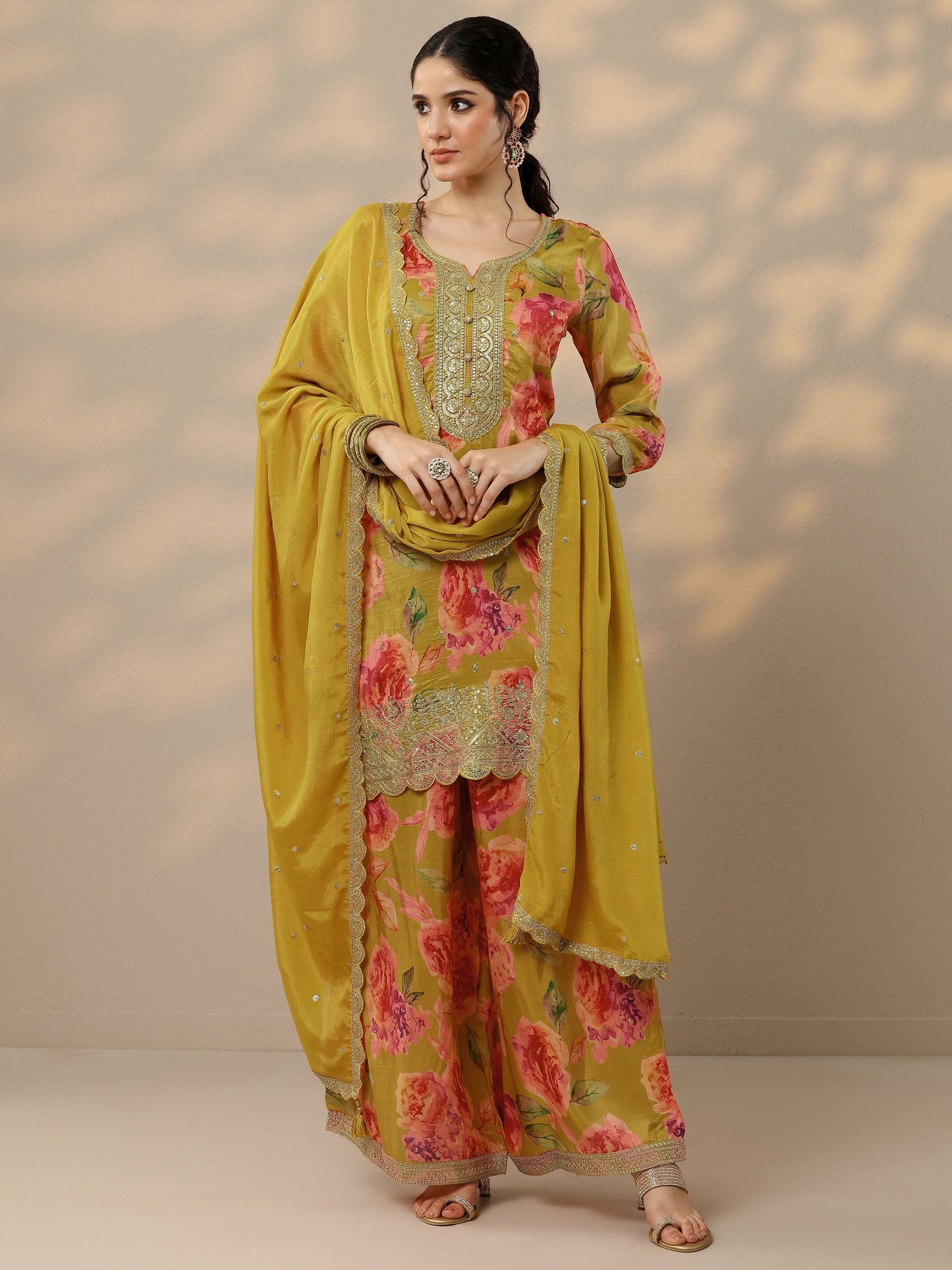 Mustard Printed Silk Blend Straight Suit Set With Dupatta