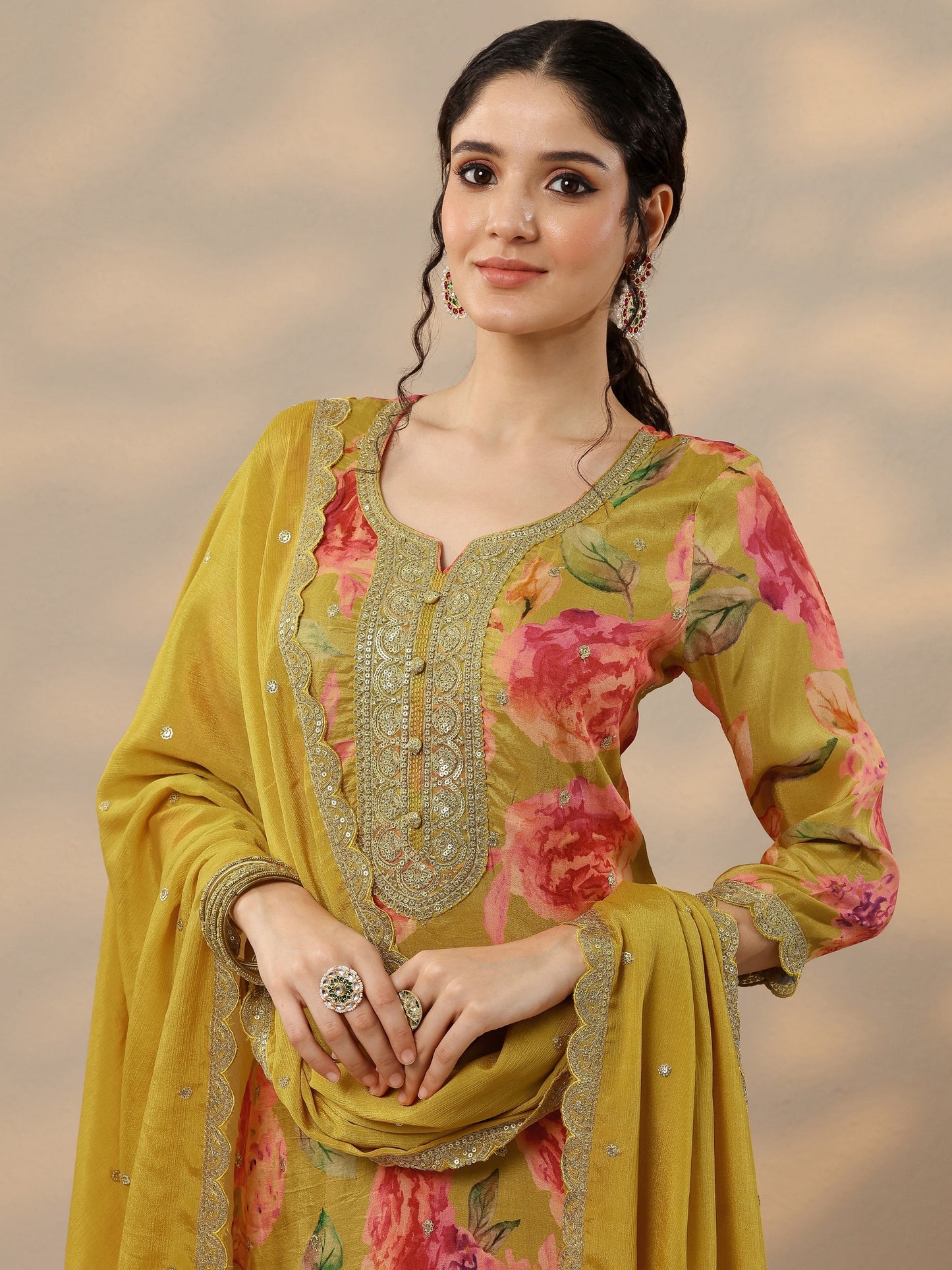 Mustard Printed Silk Blend Straight Suit Set With Dupatta