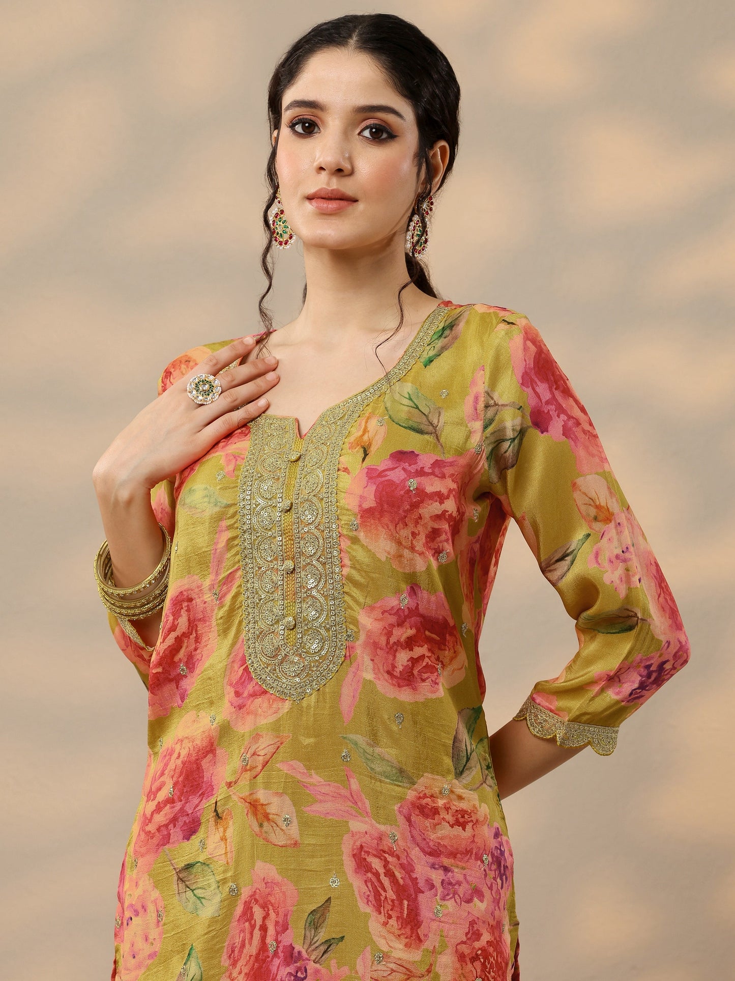 Mustard Printed Silk Blend Straight Suit Set With Dupatta