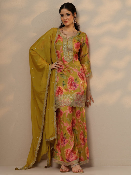 Mustard Printed Silk Blend Straight Suit Set With Dupatta