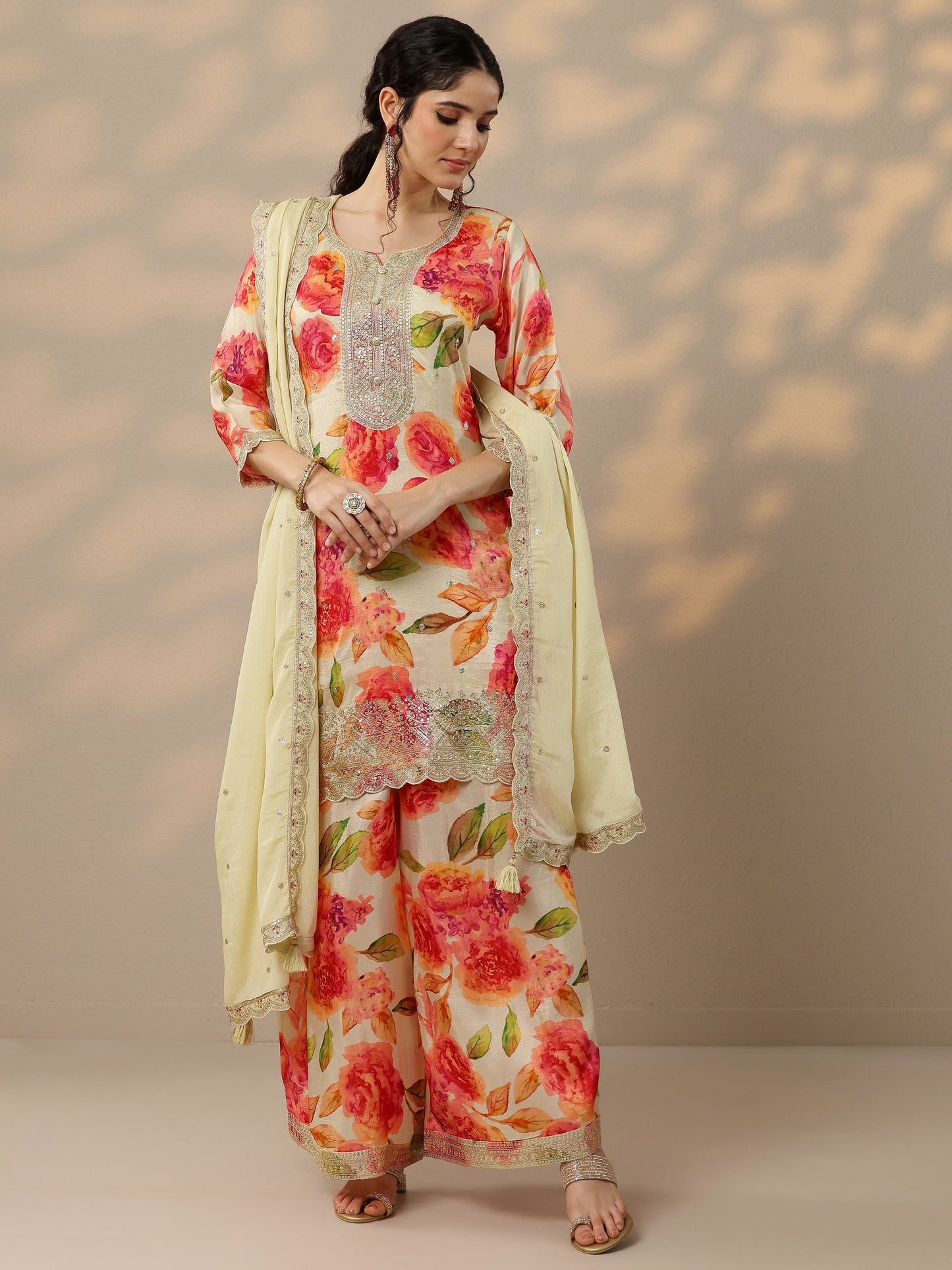 Off White Printed Silk Blend Straight Suit Set With Dupatta