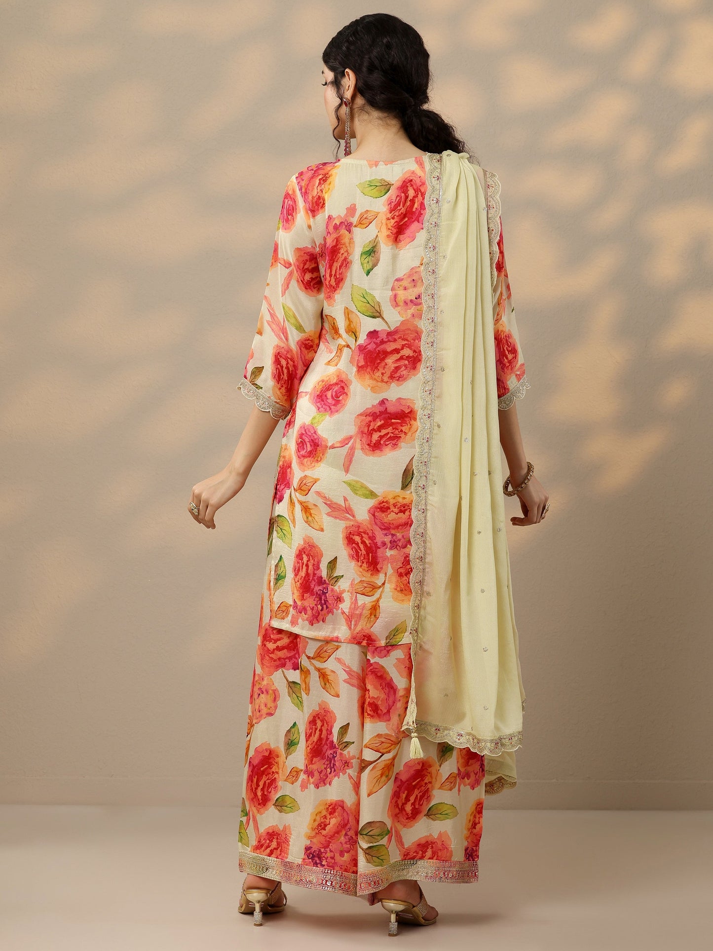 Off White Printed Silk Blend Straight Suit Set With Dupatta