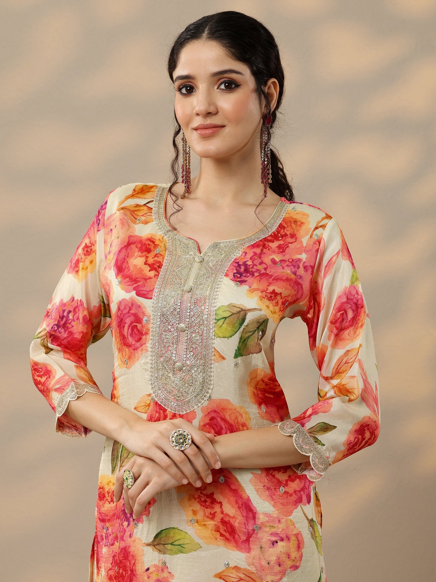 Off White Printed Silk Blend Straight Suit Set With Dupatta