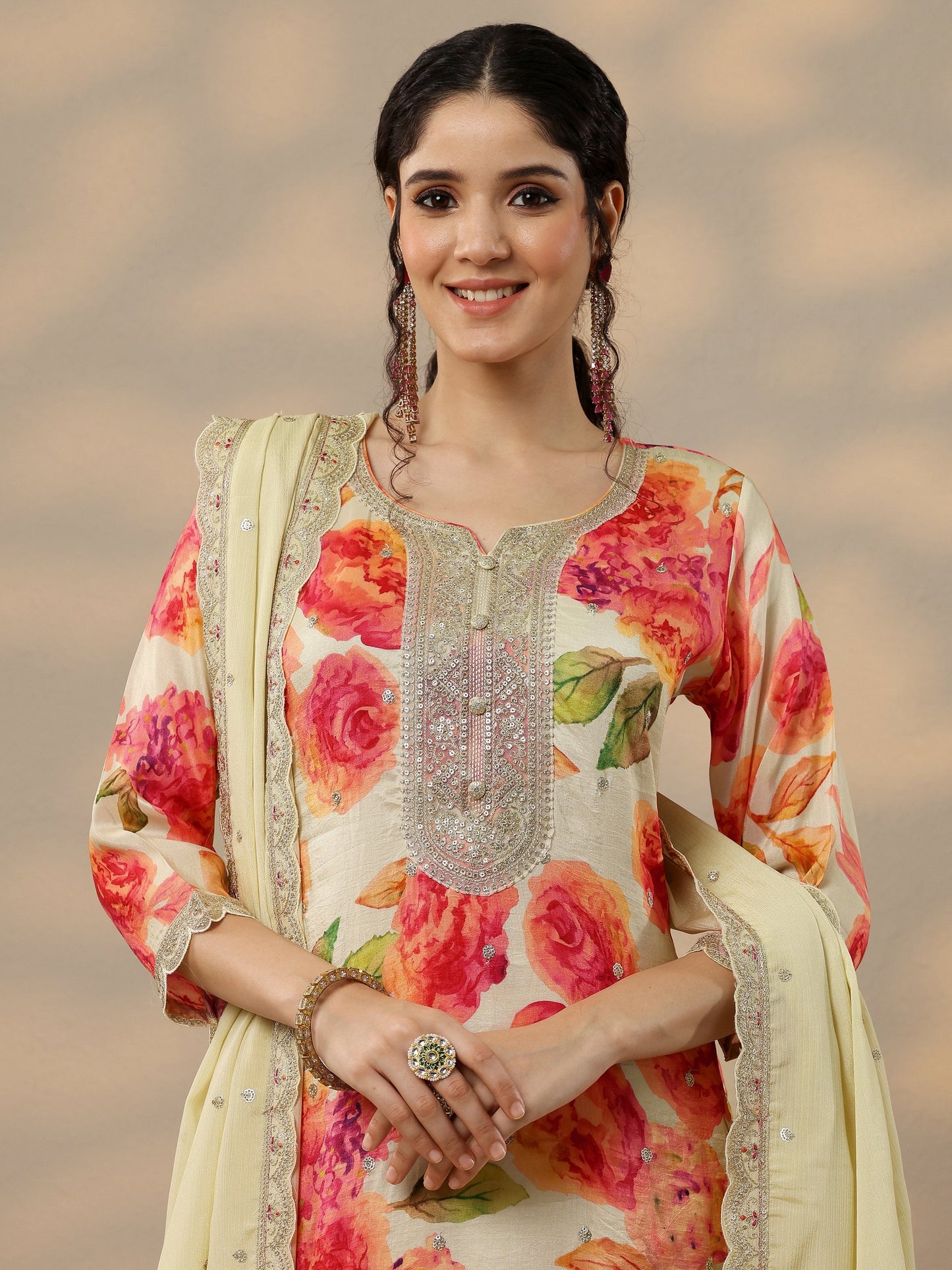 Off White Printed Silk Blend Straight Suit Set With Dupatta