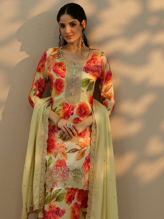 Off White Printed Silk Blend Straight Suit Set With Dupatta