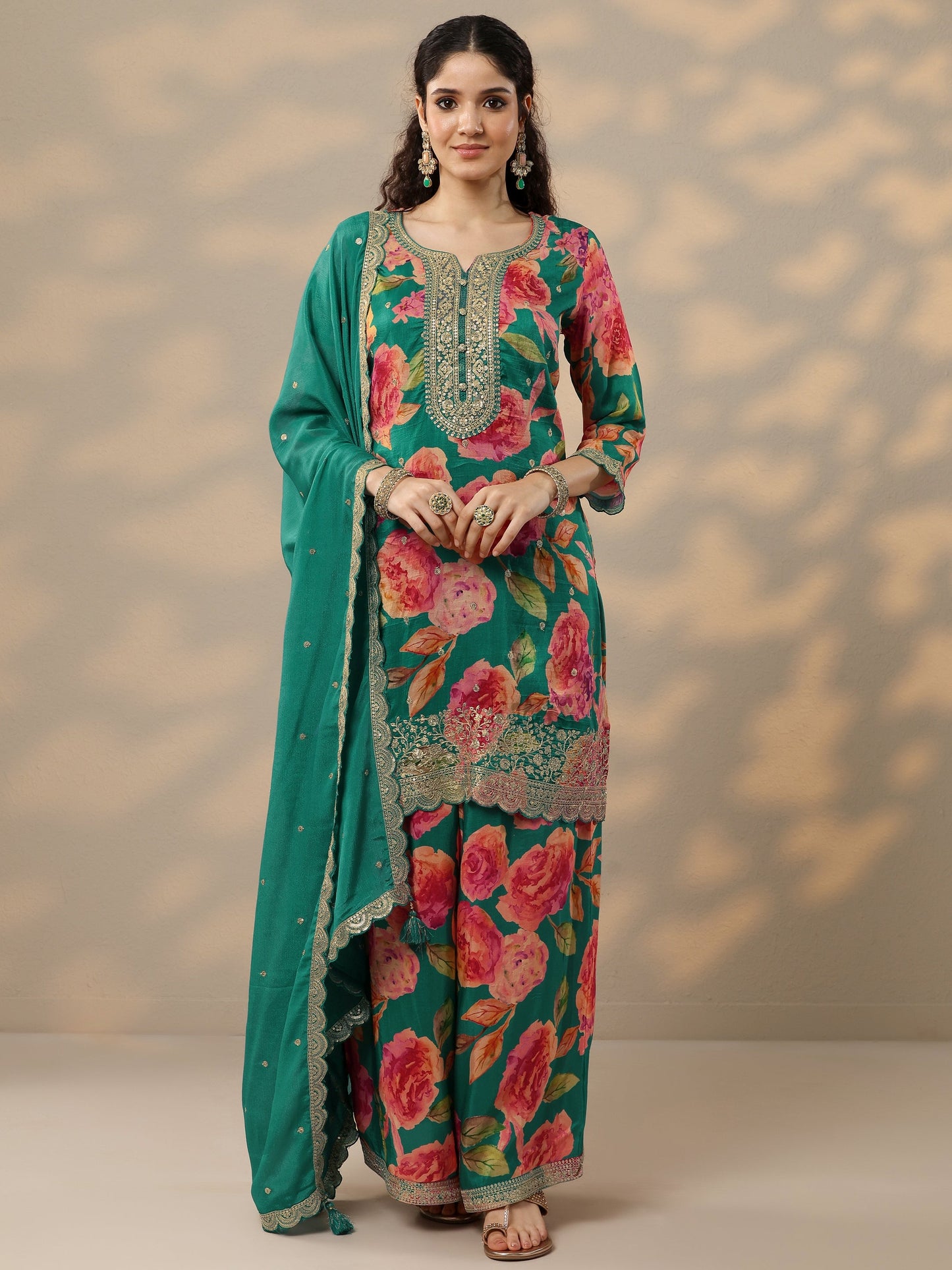 Green Printed Silk Blend Straight Suit Set With Dupatta