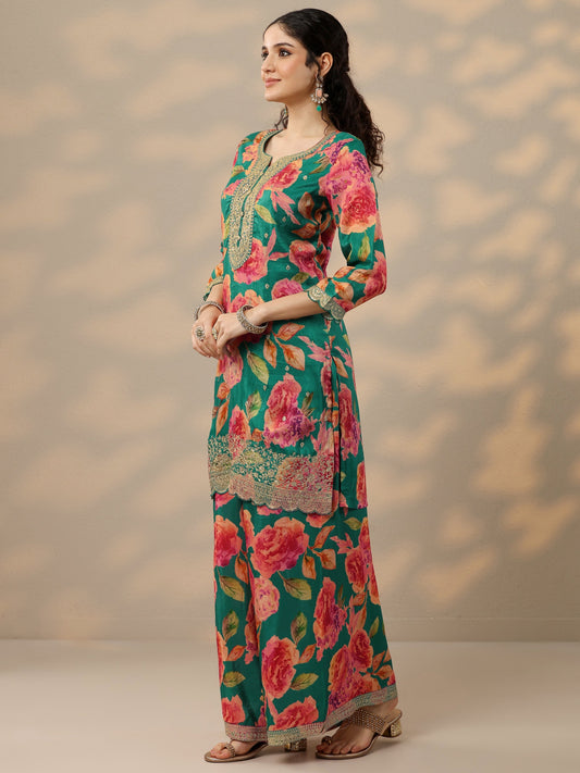 Green Printed Silk Blend Straight Suit Set With Dupatta