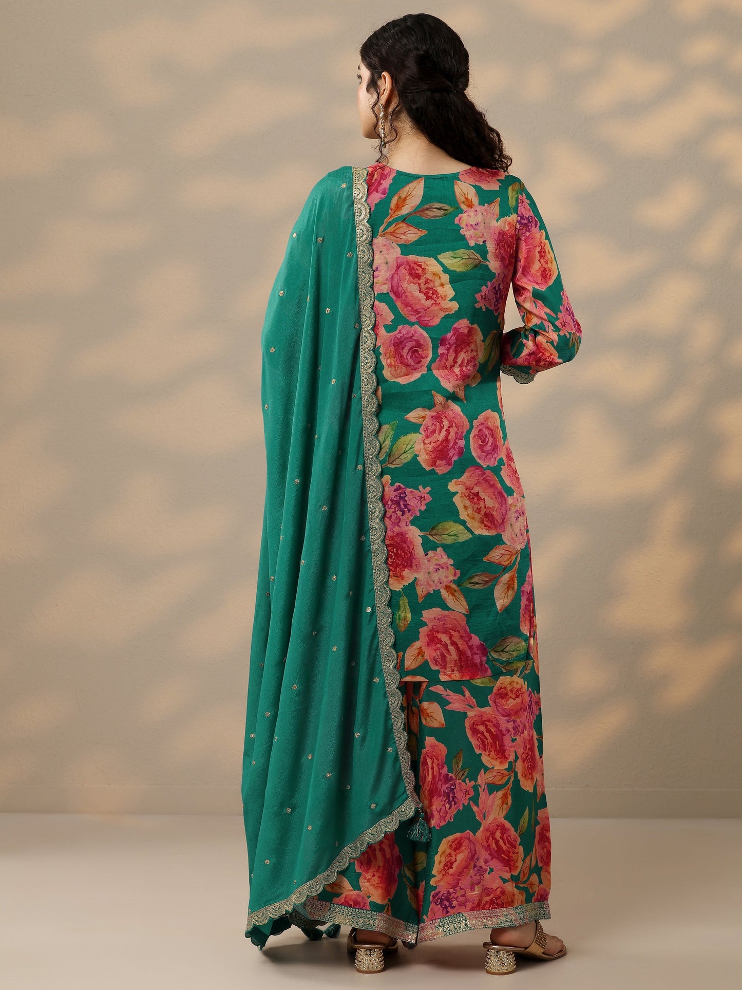 Green Printed Silk Blend Straight Suit Set With Dupatta