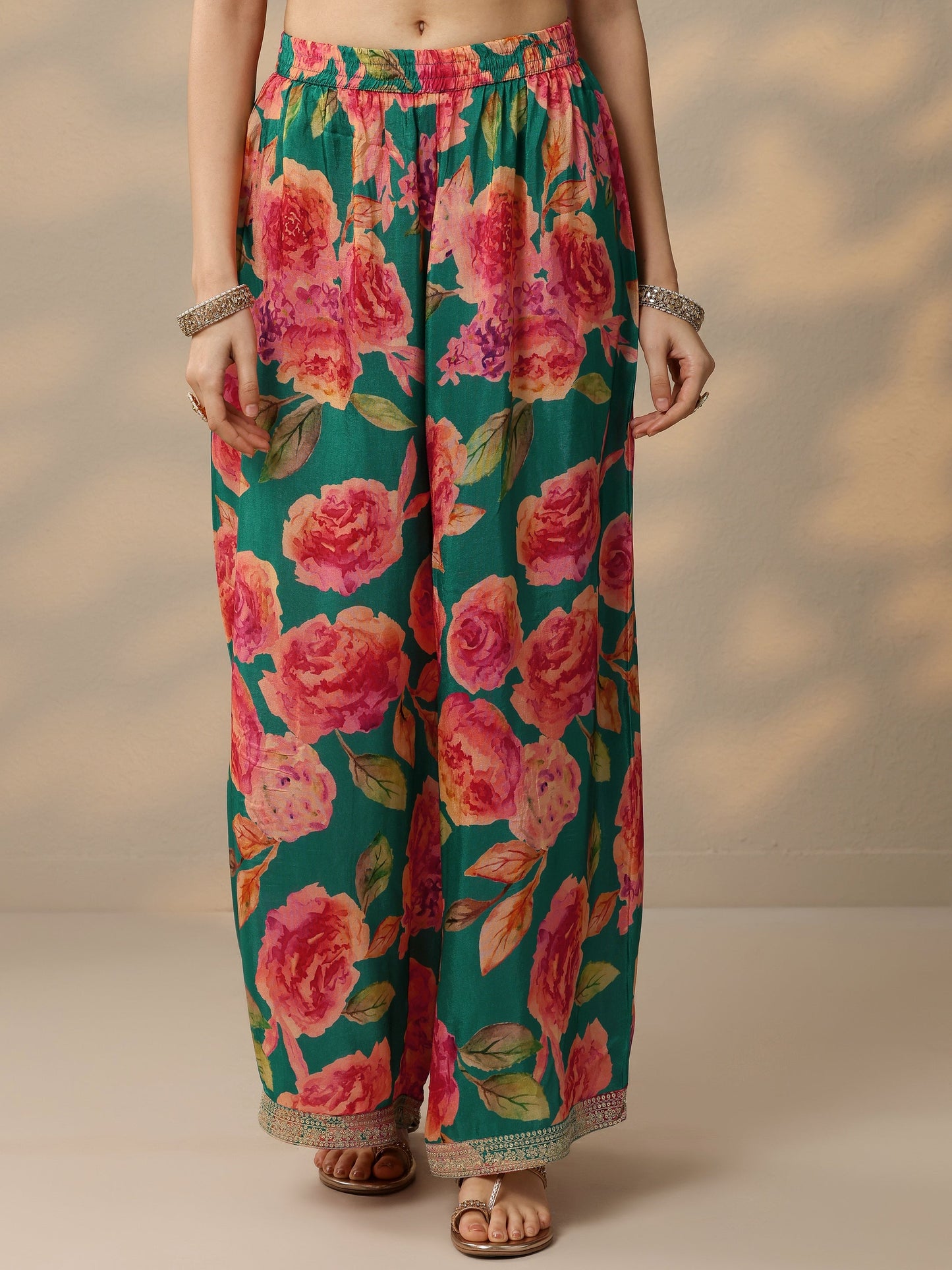 Green Printed Silk Blend Straight Suit Set With Dupatta