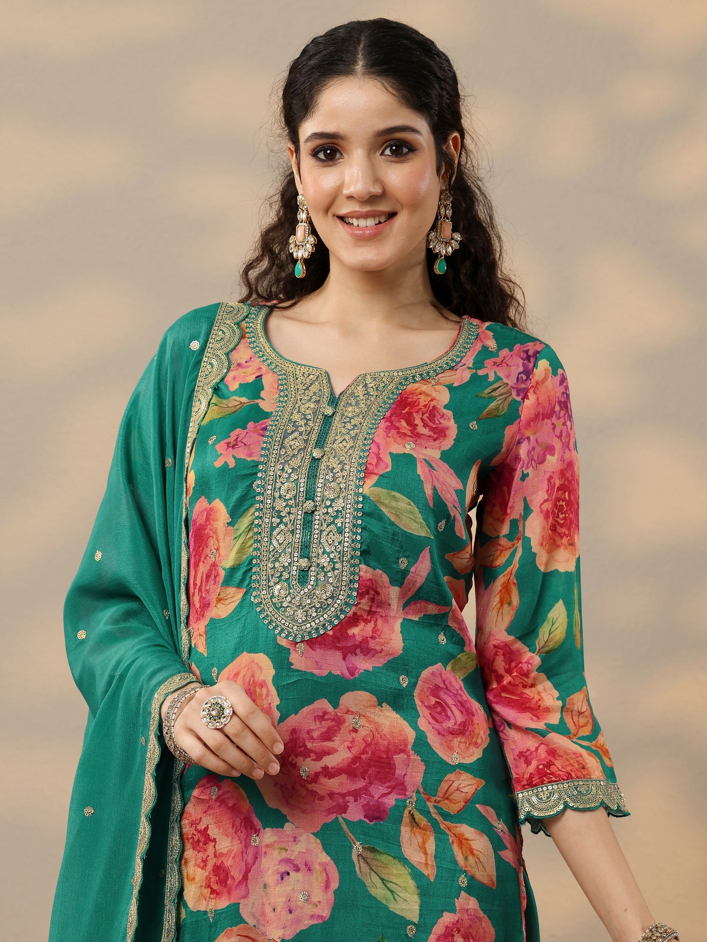 Green Printed Silk Blend Straight Suit Set With Dupatta