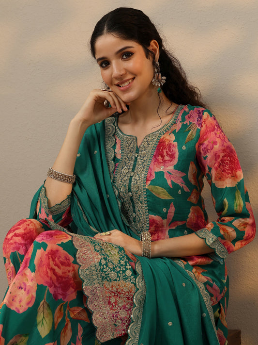 Green Printed Silk Blend Straight Suit Set With Dupatta