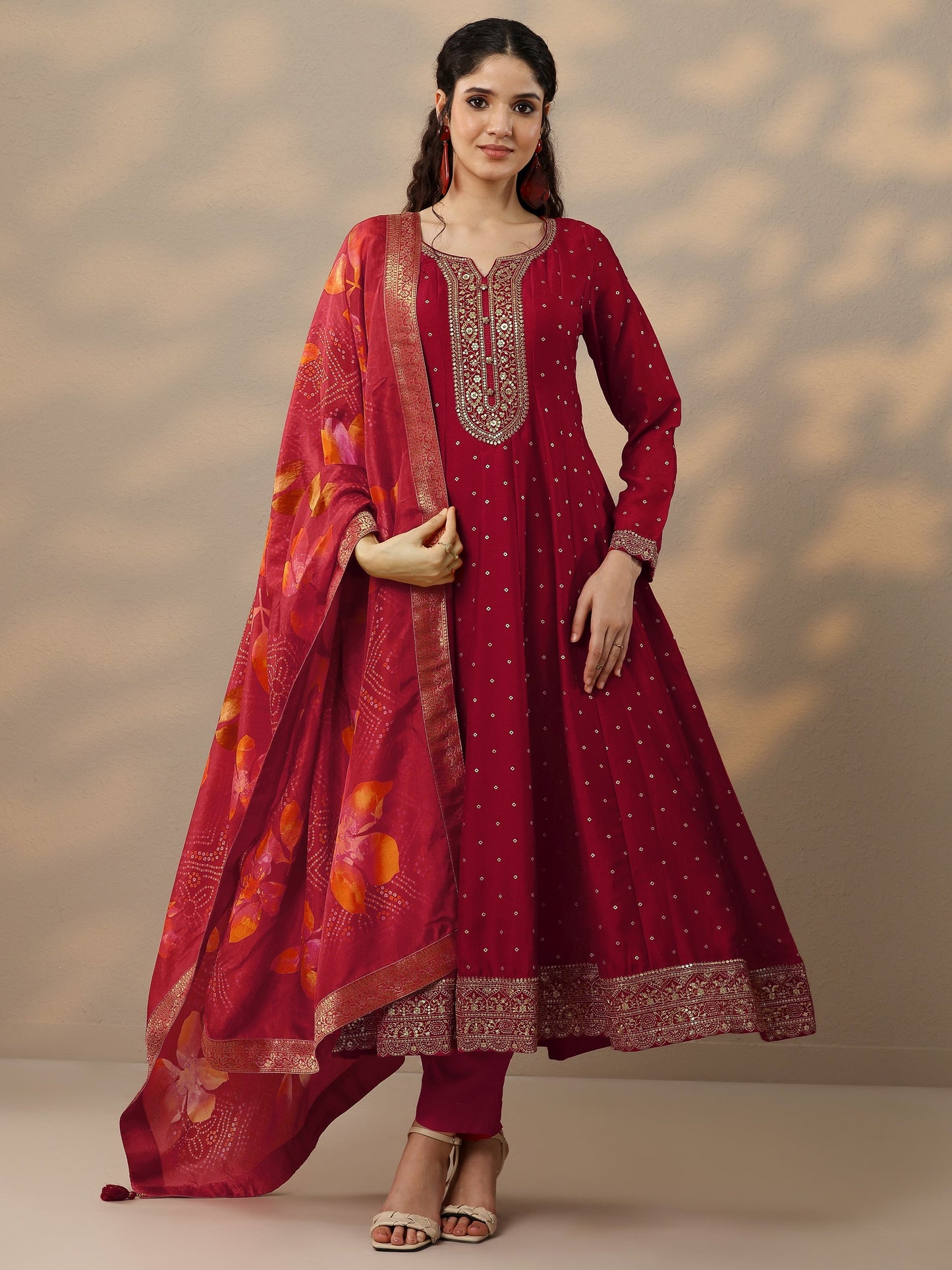 Red Embellished Silk Blend Anarkali Suit Set With Dupatta