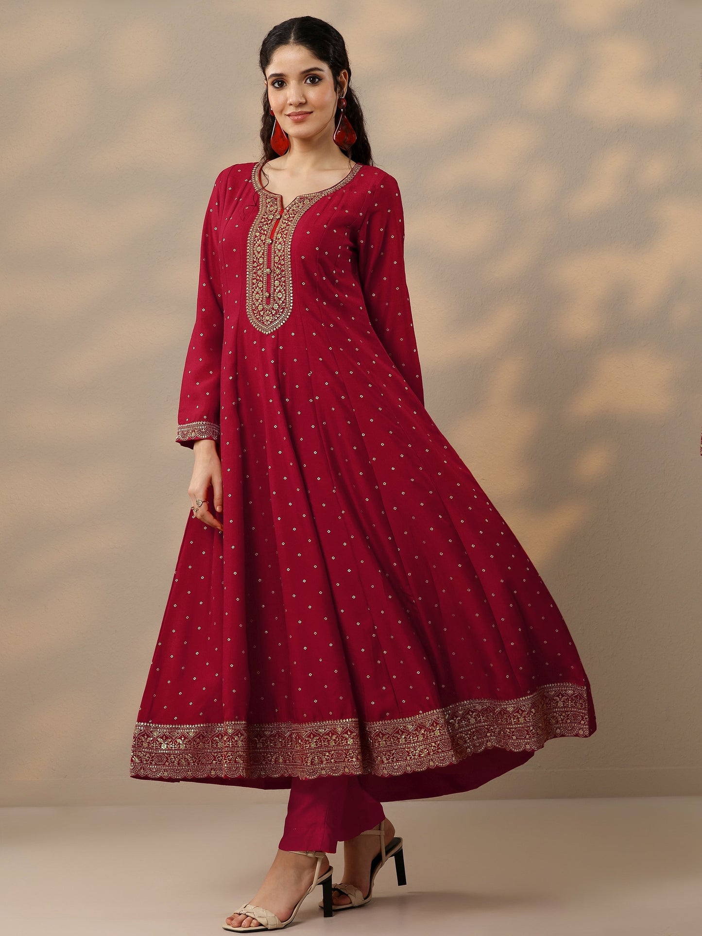 Red Embellished Silk Blend Anarkali Suit Set With Dupatta