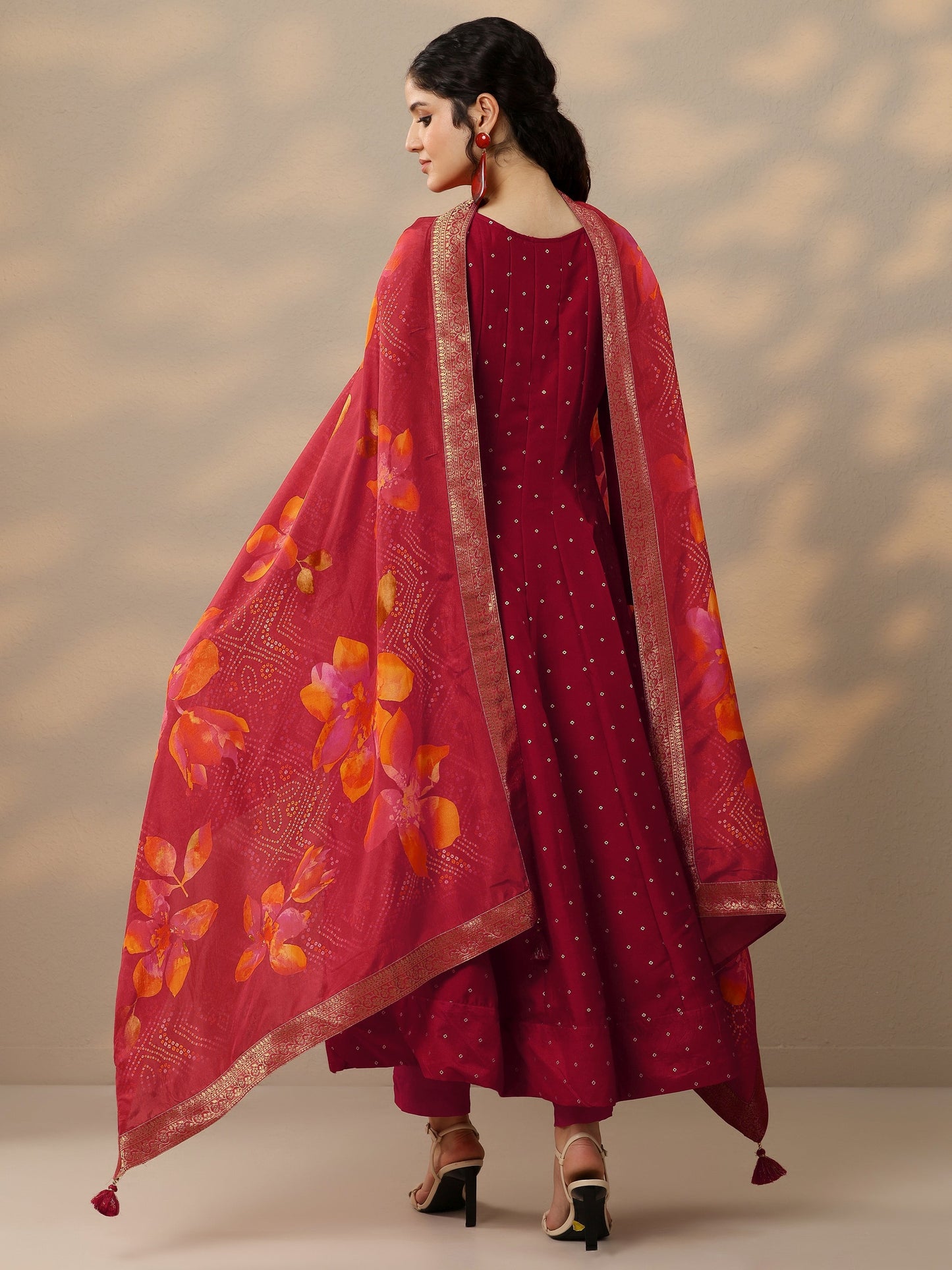 Red Embellished Silk Blend Anarkali Suit Set With Dupatta