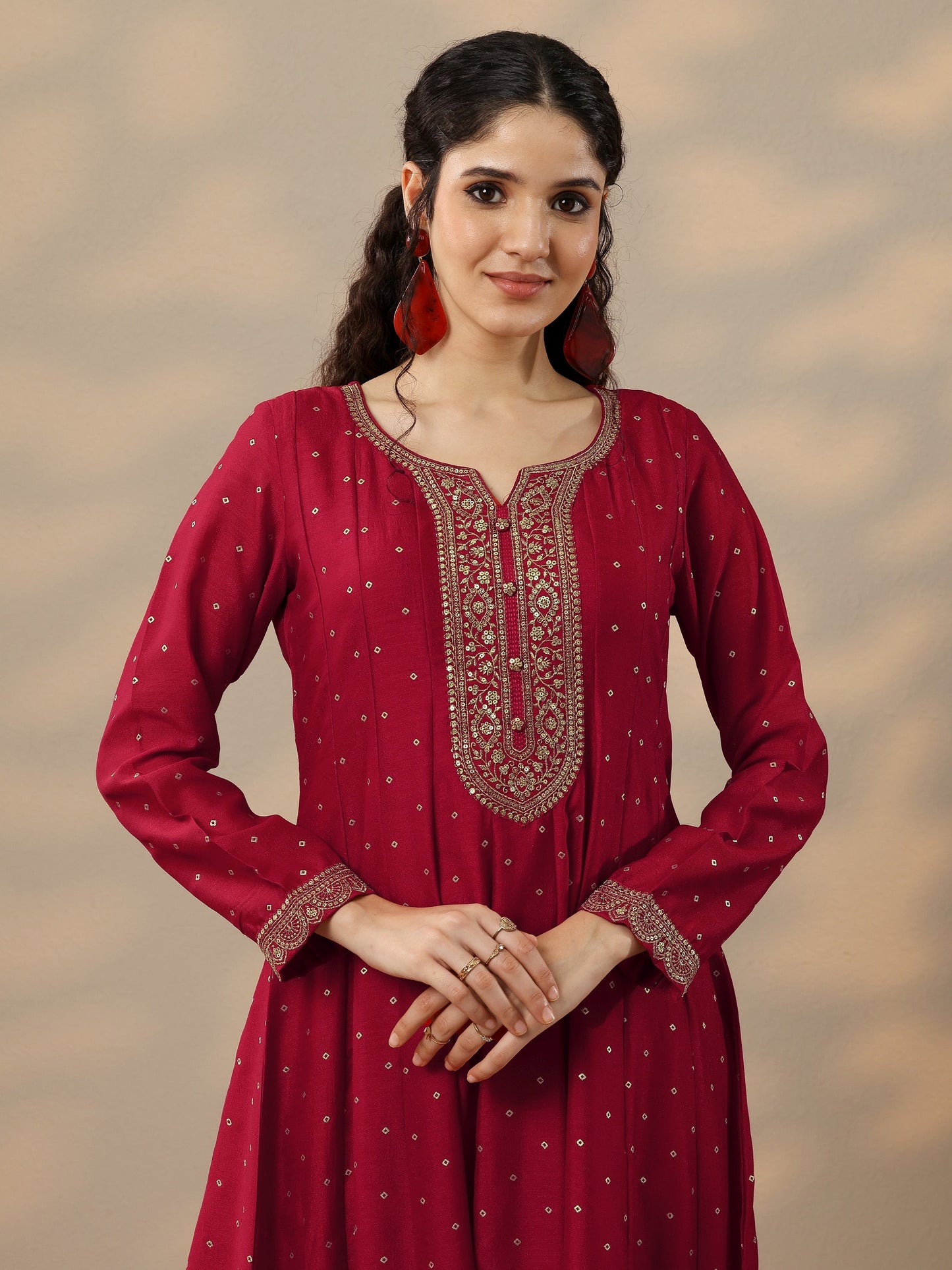 Red Embellished Silk Blend Anarkali Suit Set With Dupatta