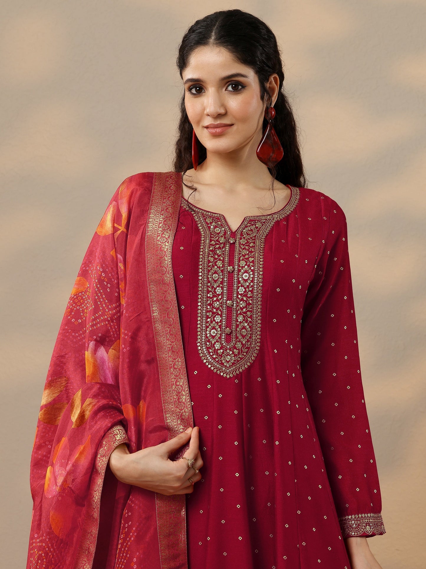 Red Embellished Silk Blend Anarkali Suit Set With Dupatta