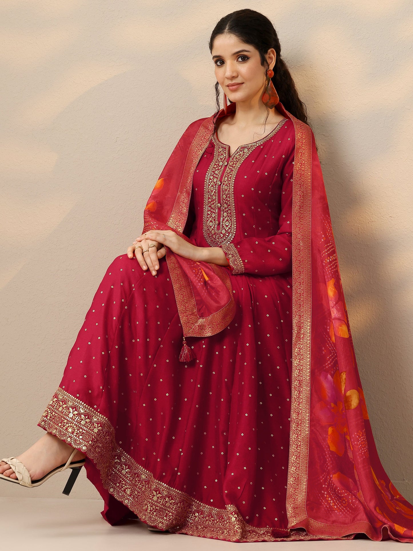 Red Embellished Silk Blend Anarkali Suit Set With Dupatta