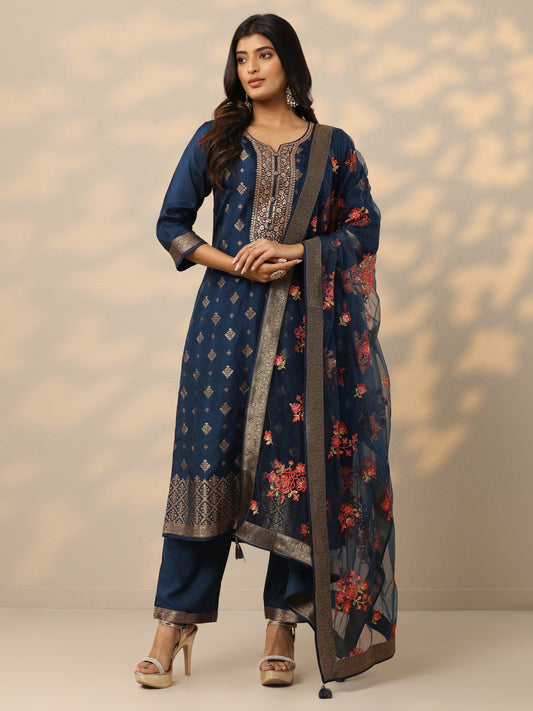 Blue Woven Design Silk Blend Straight Suit Set With Dupatta