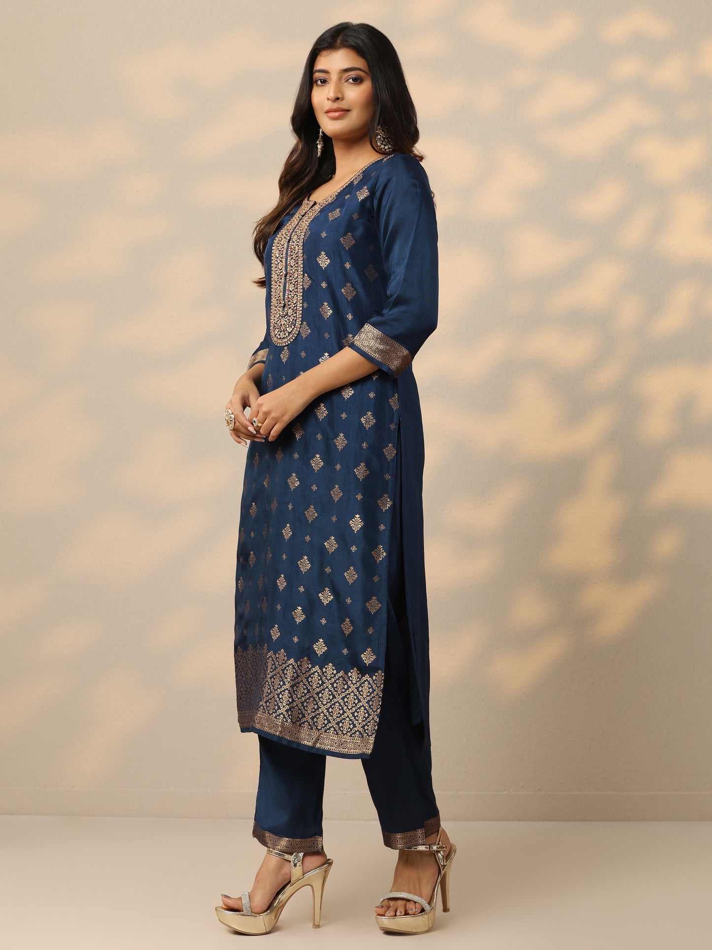 Blue Woven Design Silk Blend Straight Suit Set With Dupatta
