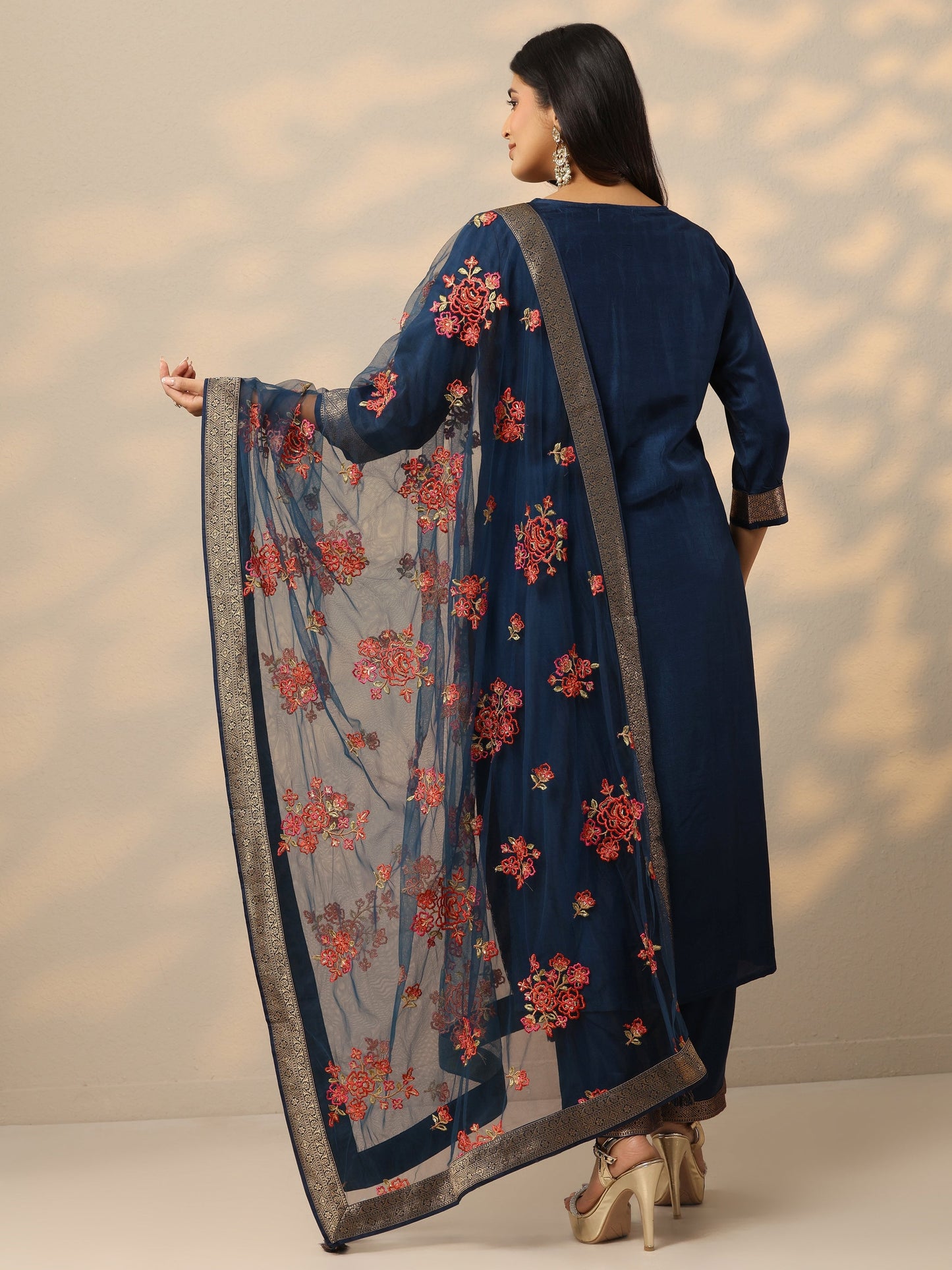 Blue Woven Design Silk Blend Straight Suit Set With Dupatta