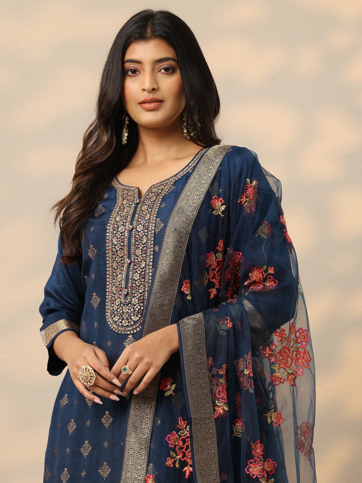 Blue Woven Design Silk Blend Straight Suit Set With Dupatta