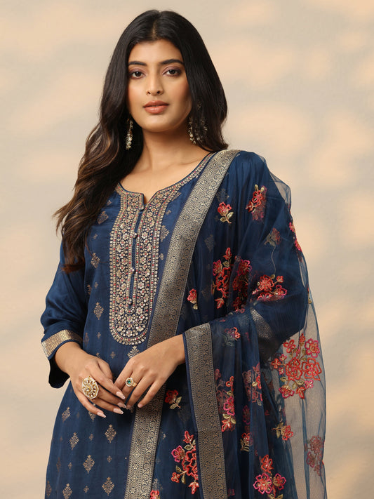 Blue Woven Design Silk Blend Straight Suit Set With Dupatta
