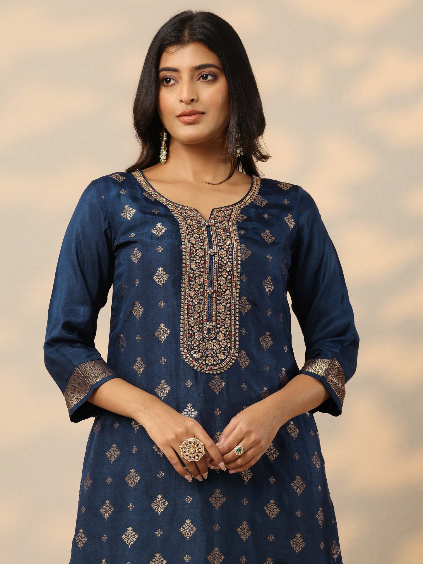 Blue Woven Design Silk Blend Straight Suit Set With Dupatta