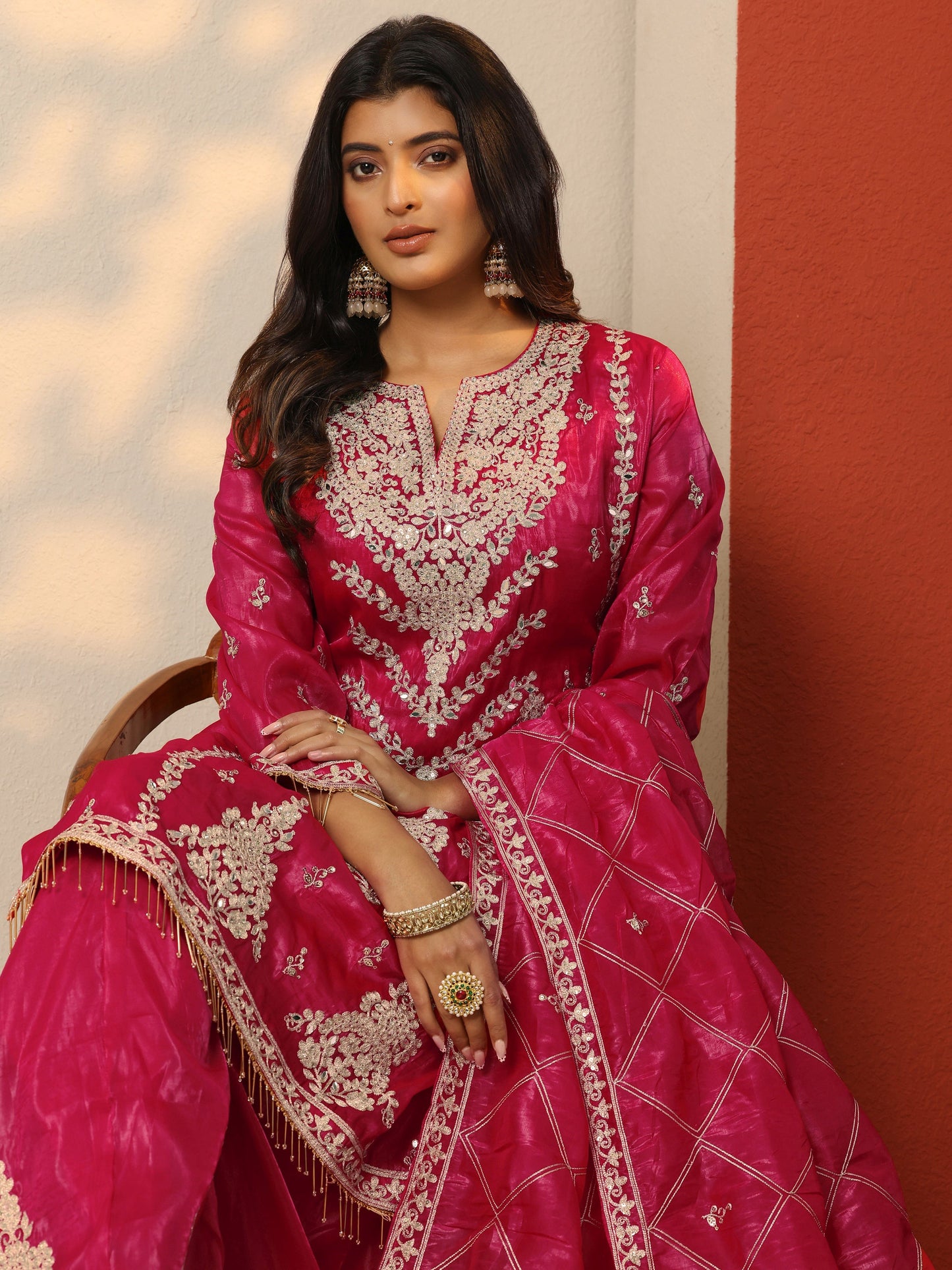 Libas Art Pink Embroidered Organza Straight Suit Set With Dupatta