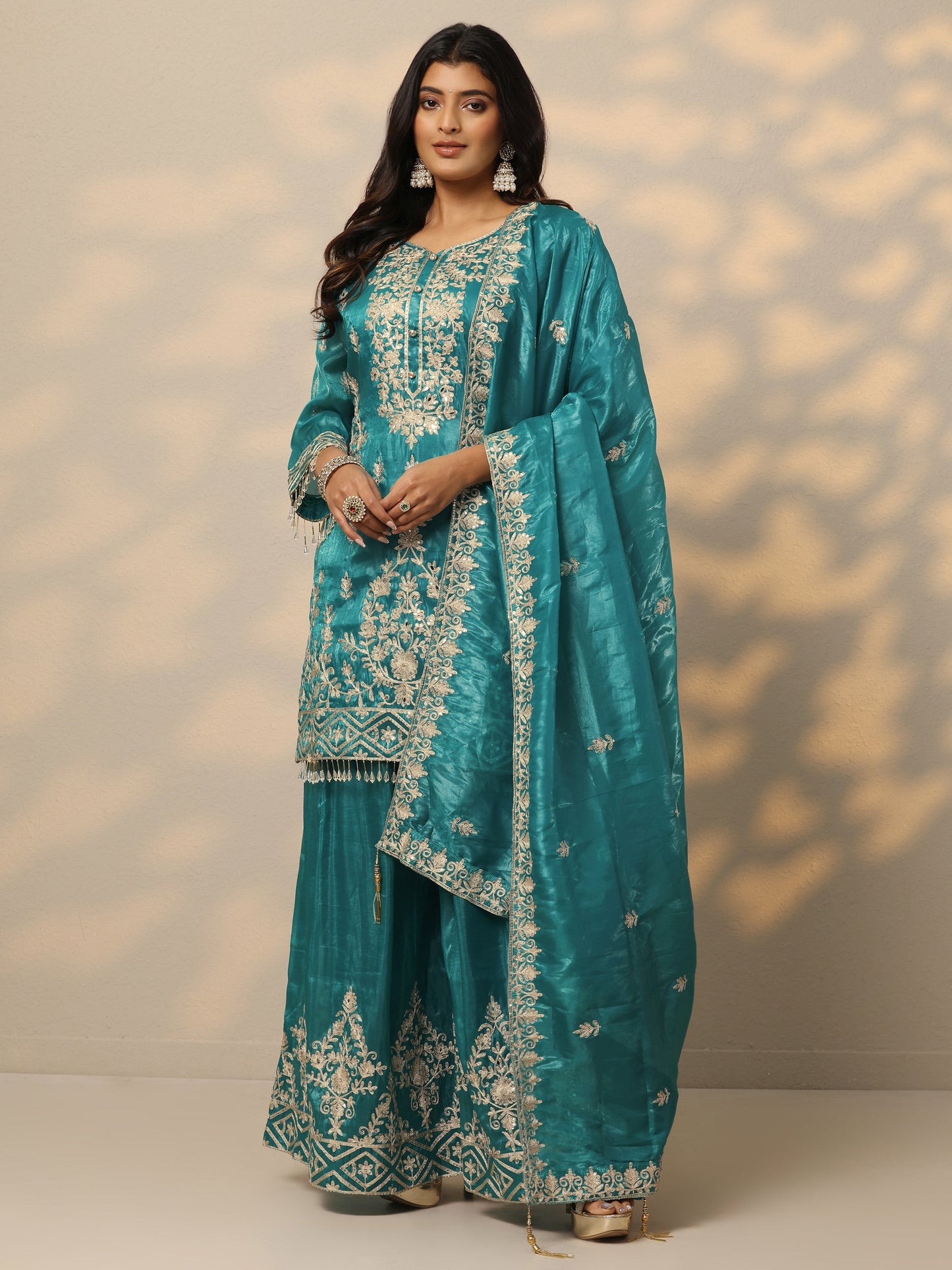 Libas Art Blue Embroidered Organza Straight Suit Set With Dupatta