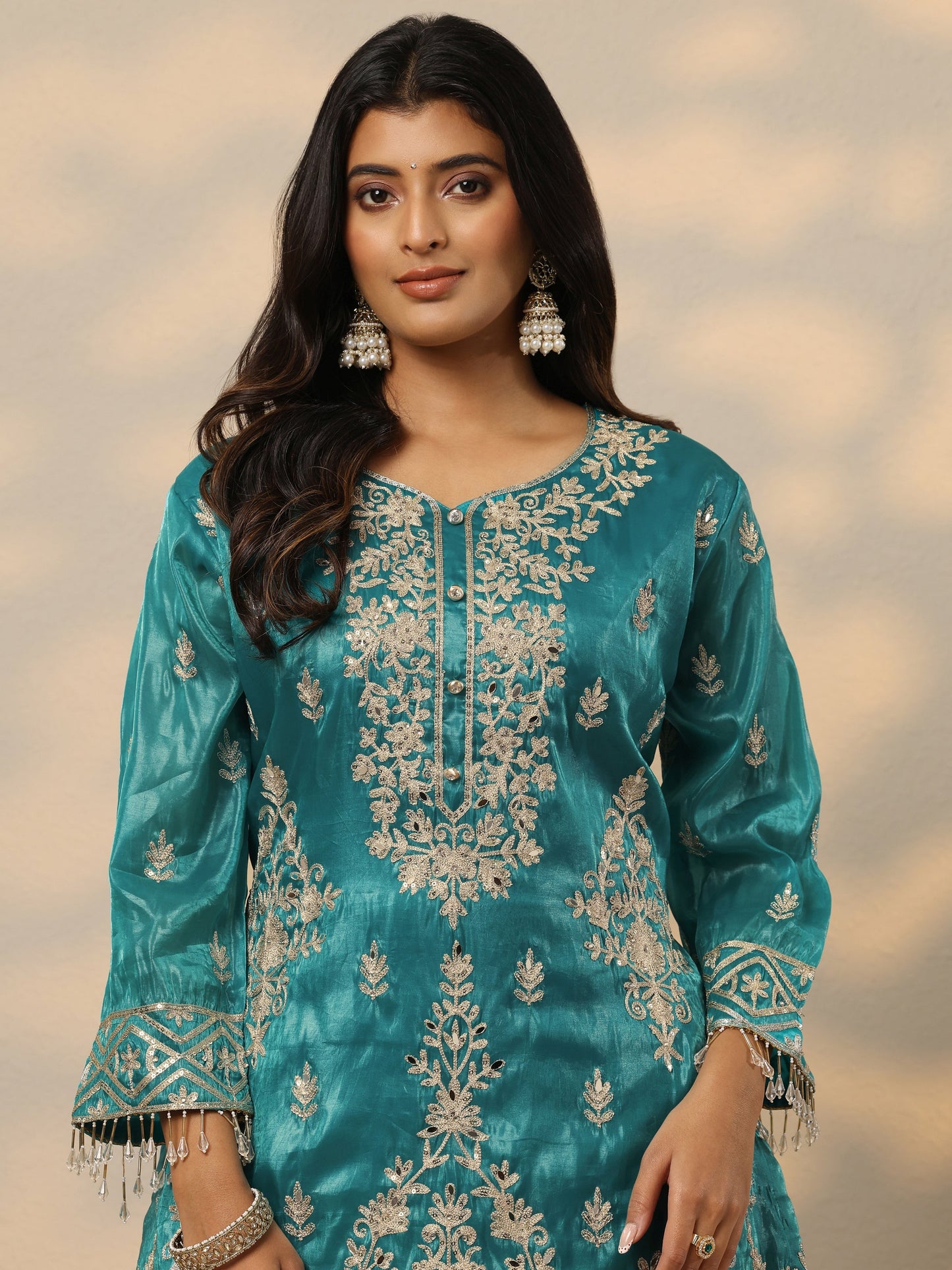 Libas Art Blue Embroidered Organza Straight Suit Set With Dupatta