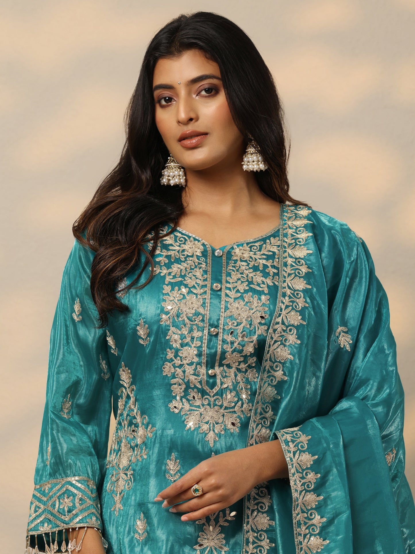 Libas Art Blue Embroidered Organza Straight Suit Set With Dupatta