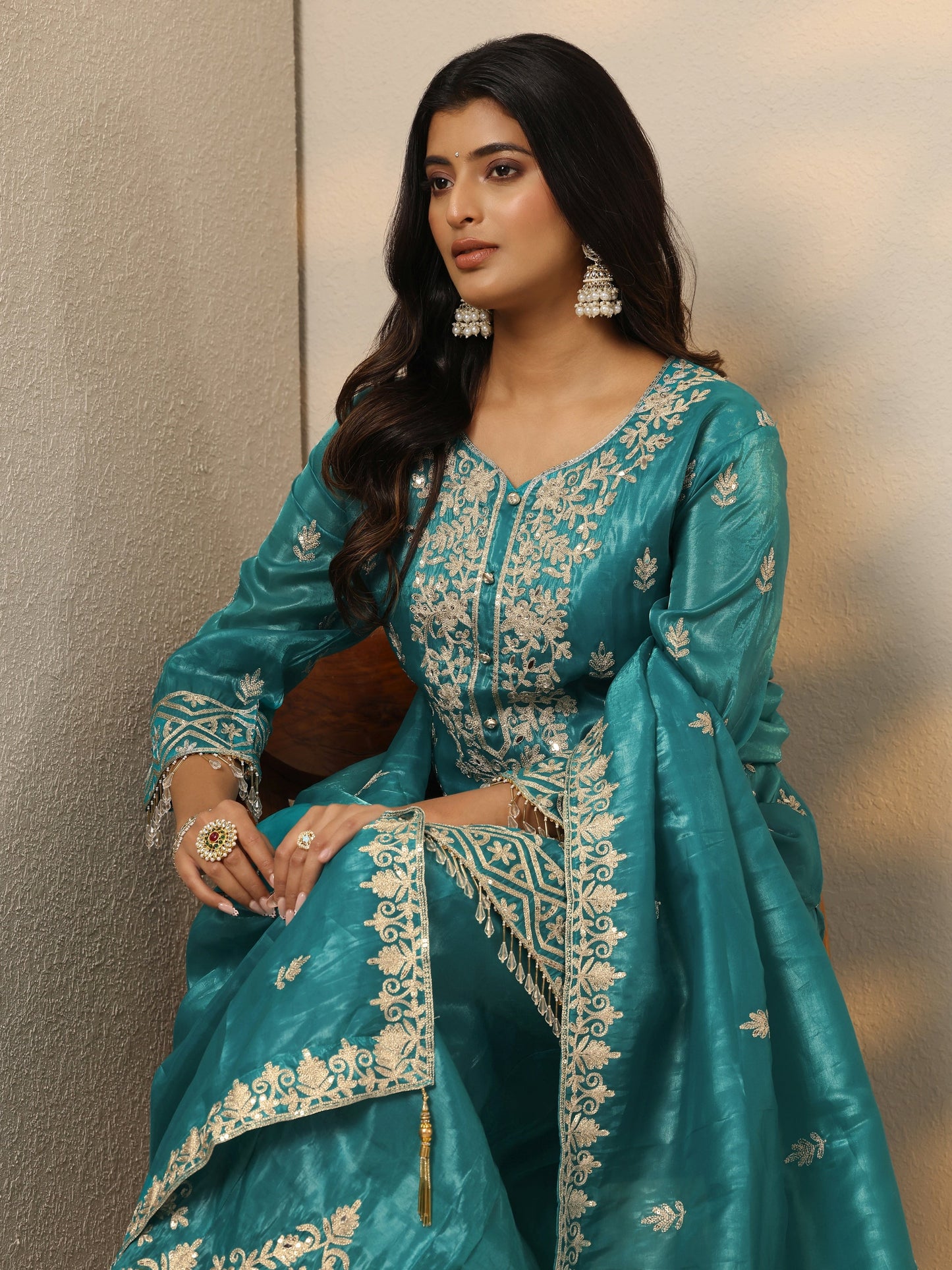 Libas Art Blue Embroidered Organza Straight Suit Set With Dupatta