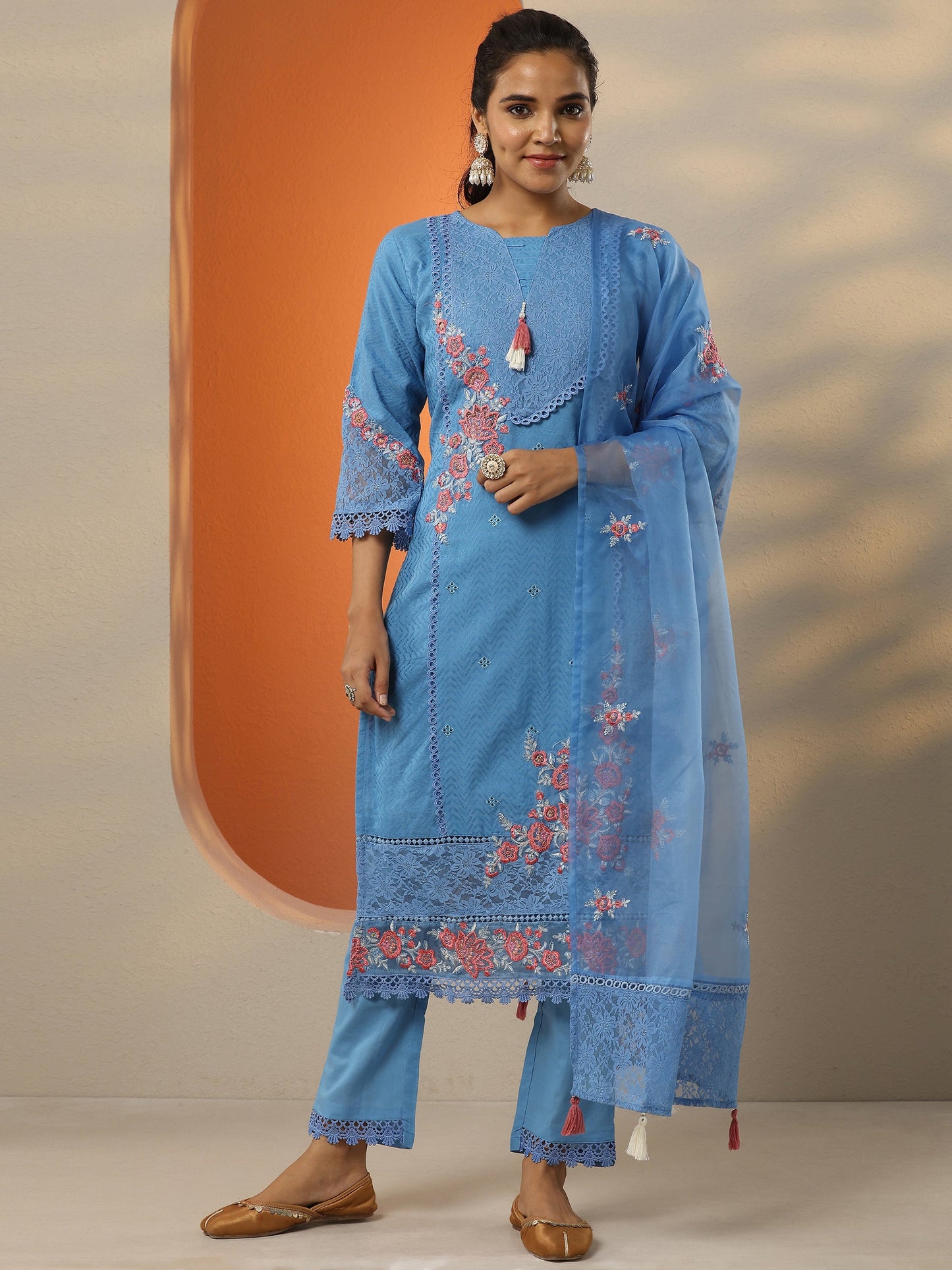 Blue Embroidered Cotton Straight Suit Set With Dupatta