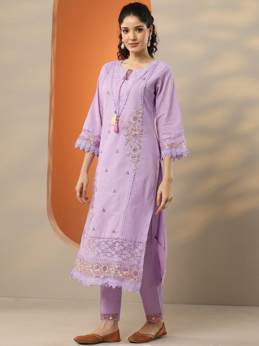 Lavender Embroidered Cotton Straight Suit Set With Dupatta
