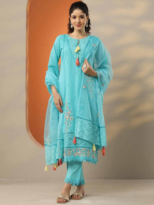 Blue Embroidered Cotton Straight Suit Set With Dupatta