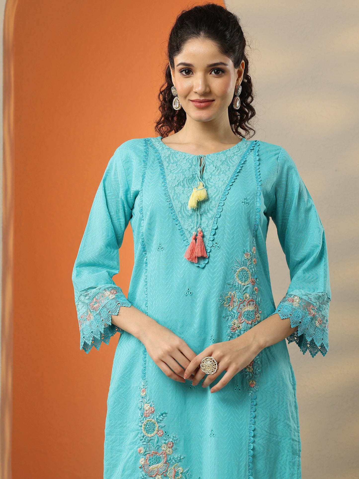 Blue Embroidered Cotton Straight Suit Set With Dupatta