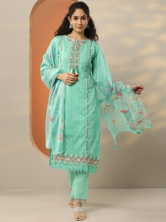 Sea Green Embroidered Cotton Blend  A-Line Suit Set With Dupatta