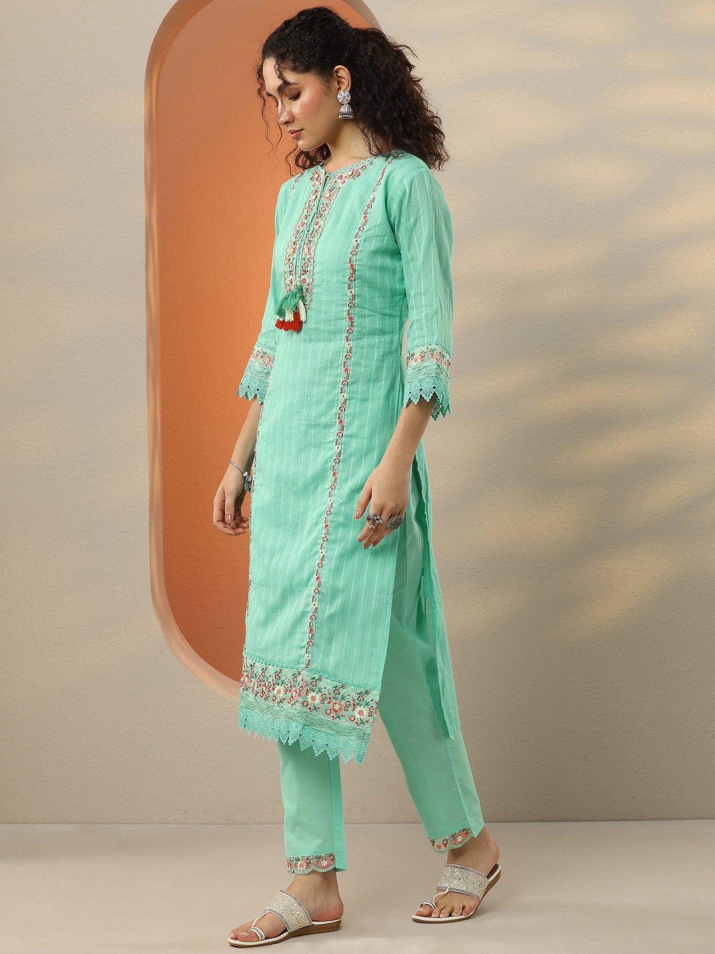Sea Green Embroidered Cotton Blend  A-Line Suit Set With Dupatta