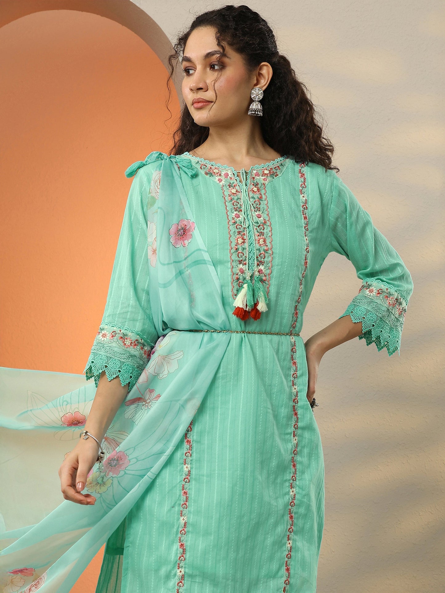 Sea Green Embroidered Cotton Blend  A-Line Suit Set With Dupatta