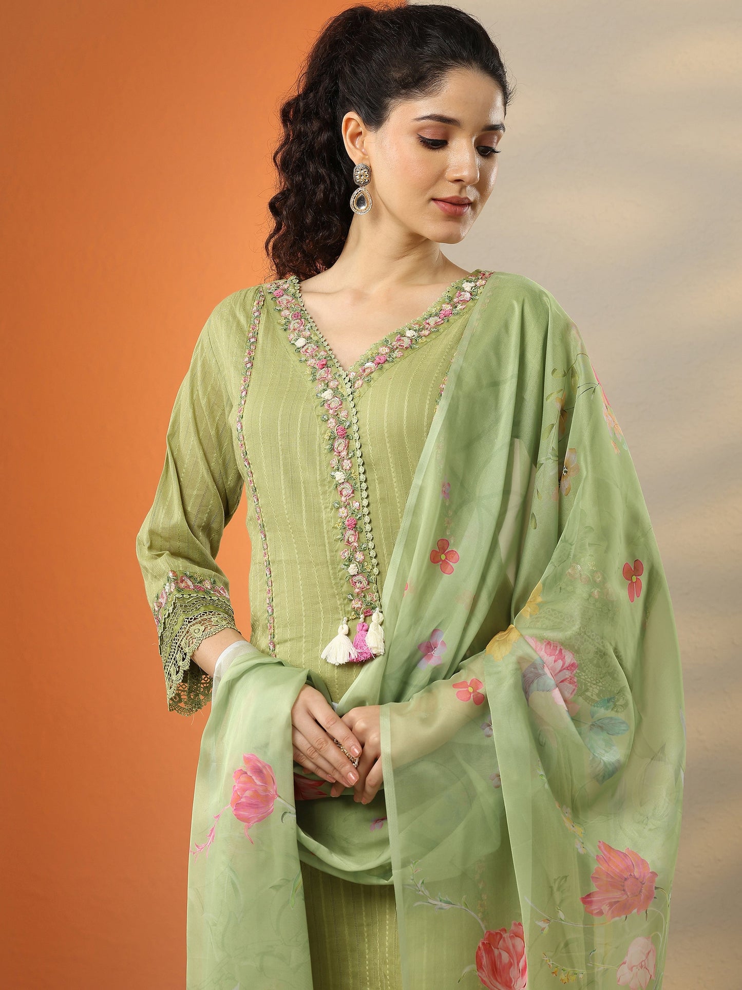 Green Embroidered Cotton Straight Suit Set With Dupatta