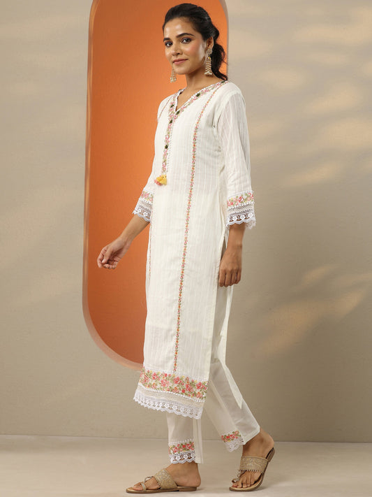 Off White Embroidered Cotton Straight Suit Set With Dupatta