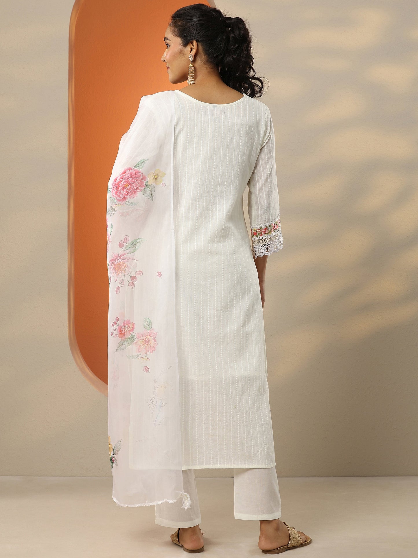 Off White Embroidered Cotton Straight Suit Set With Dupatta